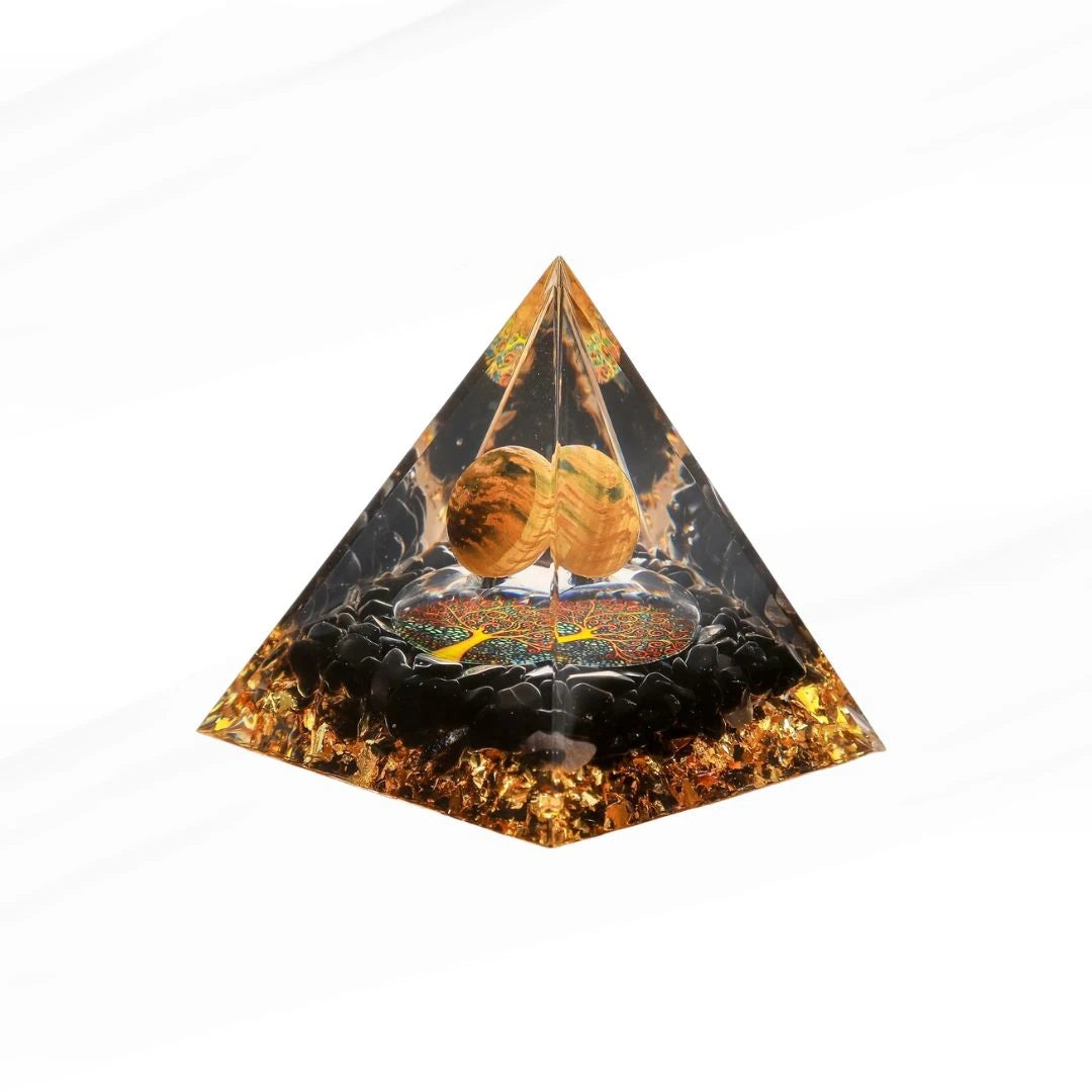 Stabilité - Pyramide Orgonite Arbre de Vie en Œil de Tigre et Obsidienne