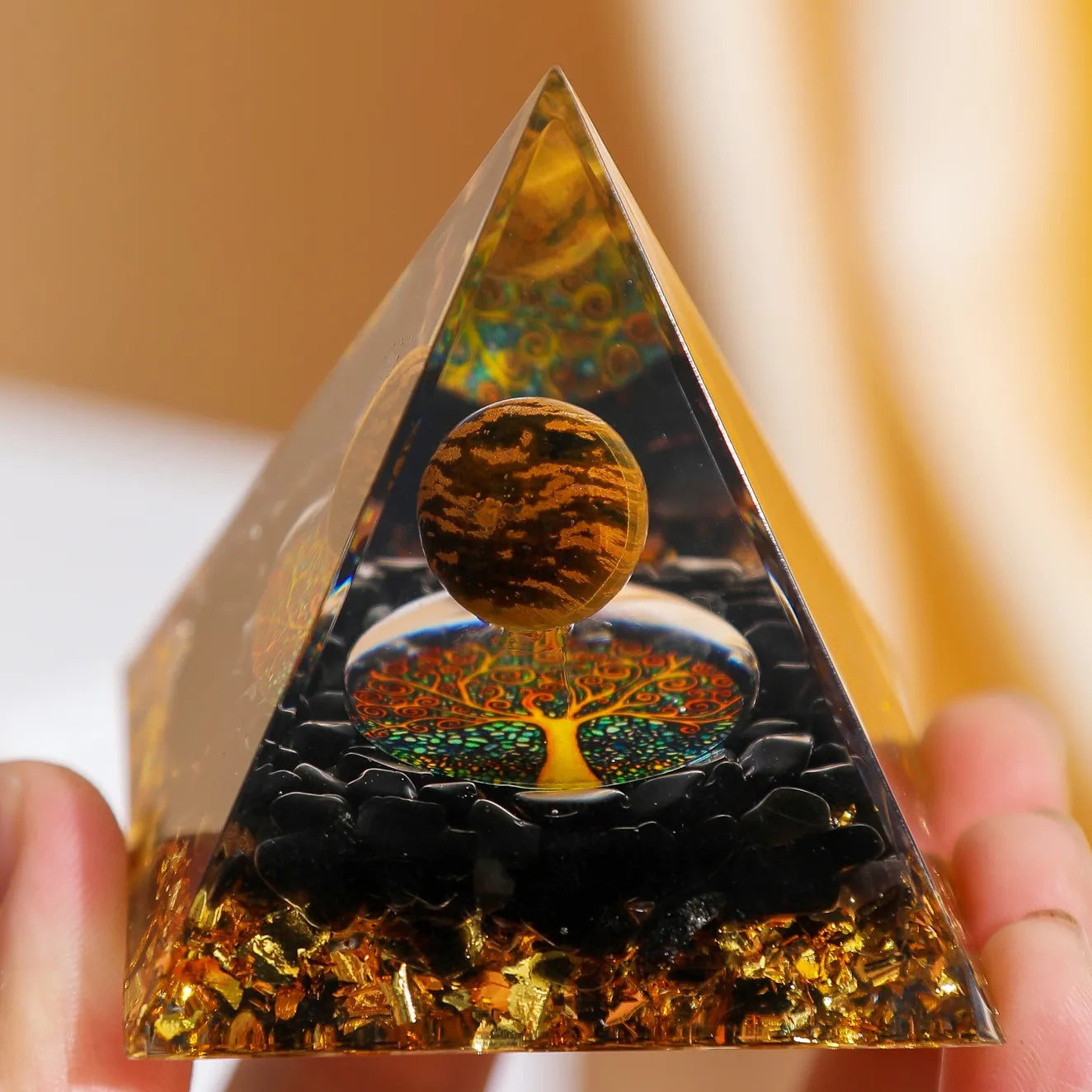 Stabilité - Pyramide Orgonite Arbre de Vie en Œil de Tigre et Obsidienne