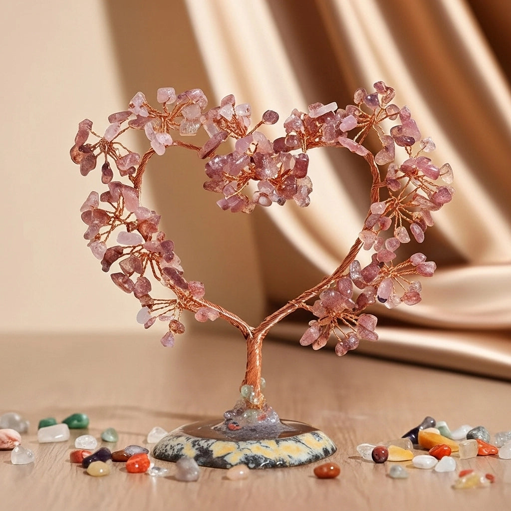 Arbre de vie en forme de cœur sculpté dans du fil de cuivre rose et orné de petites pierres de quartz rose, posé sur une base en pierre marbrée, entouré de pierres polies de différentes couleurs.