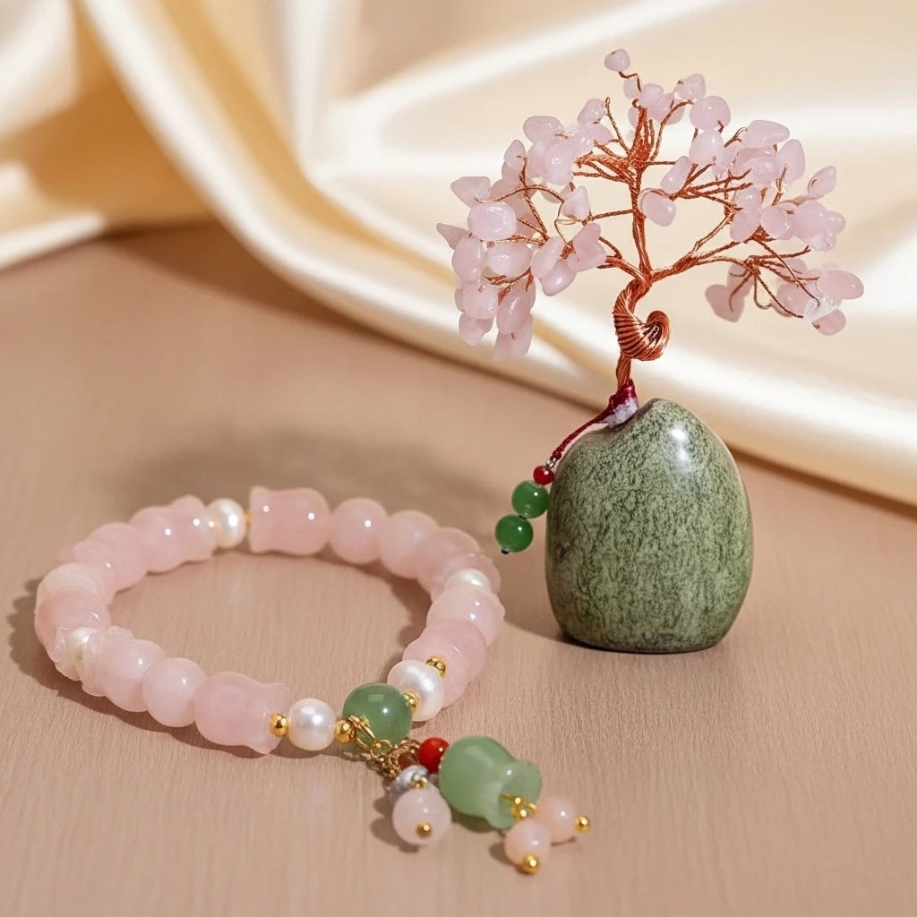 Coffret cadeau "Amour" comprenant un arbre de vie miniature en quartz rose et un bracelet assorti orné de perles roses, blanches et vertes, avec des breloques en forme de clochettes