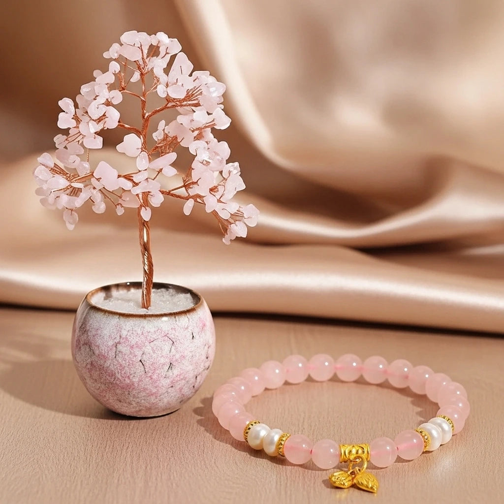 Coffret cadeau "Amour" composé d'un arbre de vie en quartz rose avec des feuilles en cristal rose et d'un bracelet assorti avec des perles de quartz rose, des perles blanches et un pendentif doré en forme de feuille.