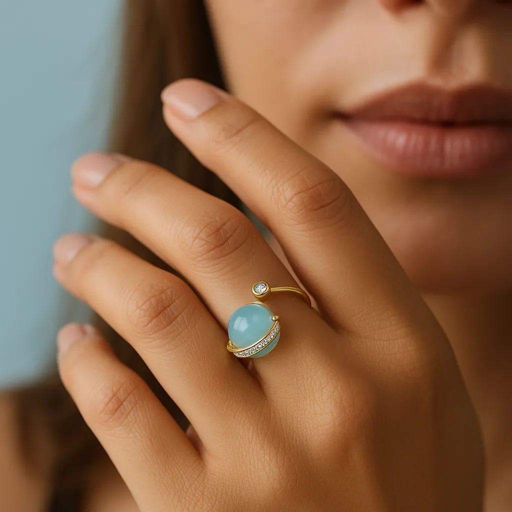 Bague Aigue Marine "Galaxie Bleue" Argent Doré Or 14K