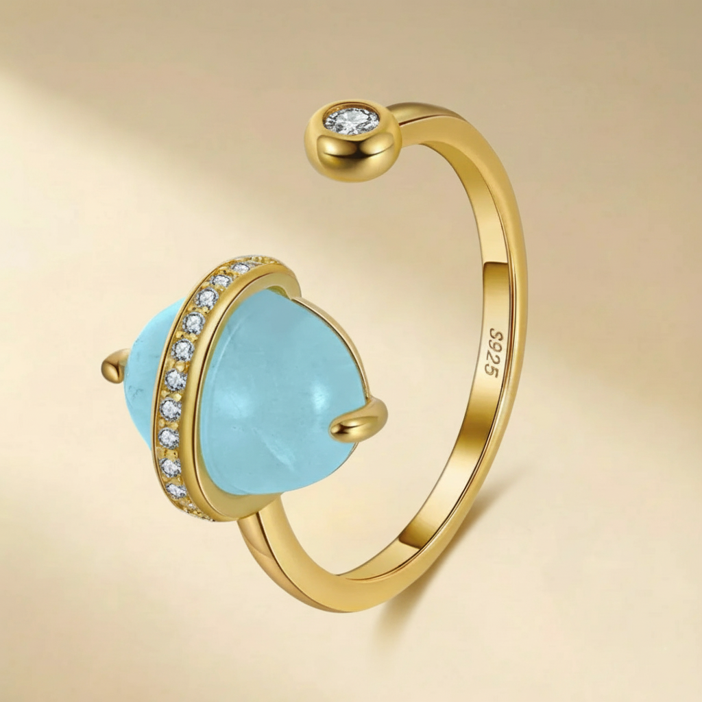 Bague Aigue Marine "Galaxie Bleue" Argent Doré Or 14K