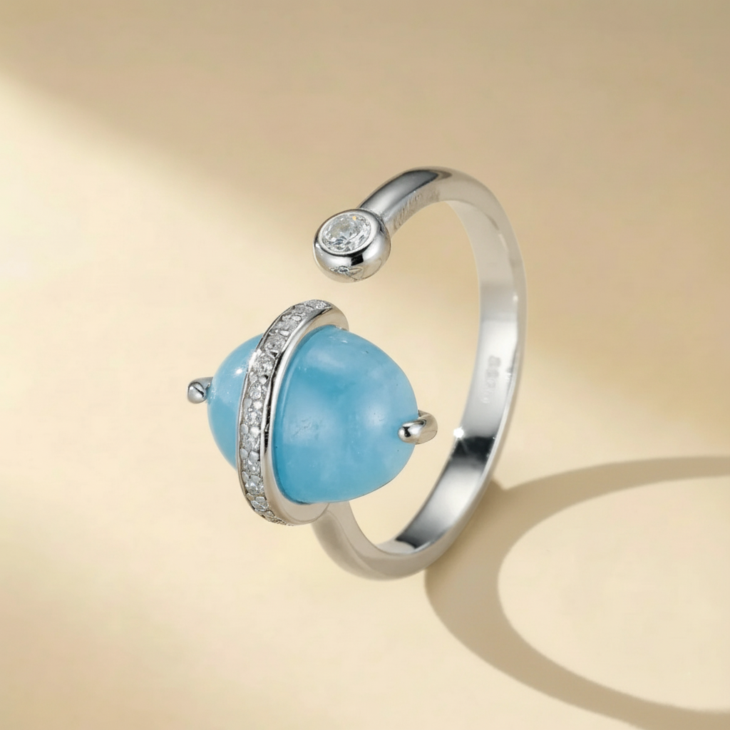 Bague Aigue Marine "Galaxie Bleue" Argent Doré Or 14K