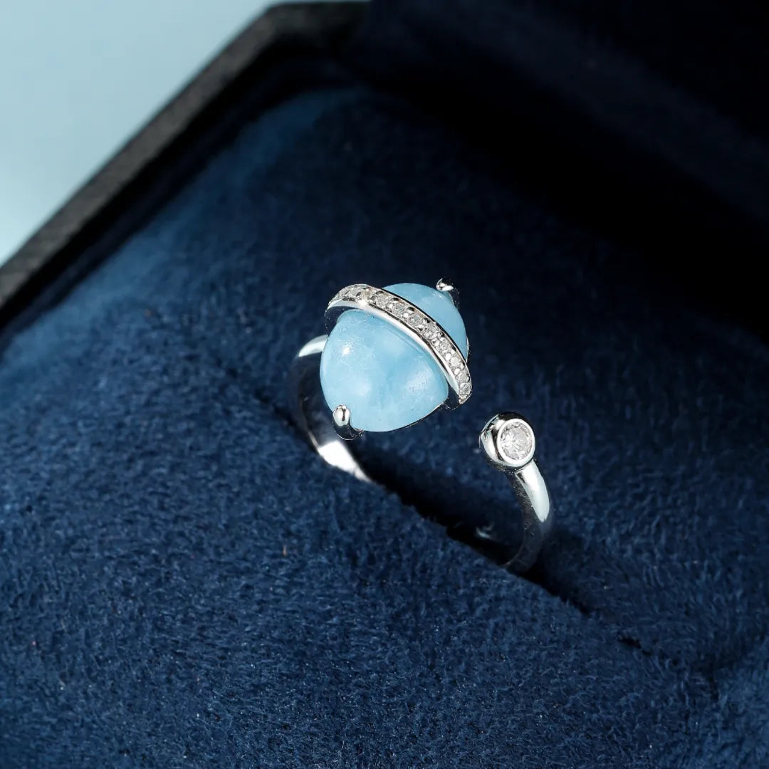 Bague Aigue Marine "Galaxie Bleue" Argent Doré Or 14K