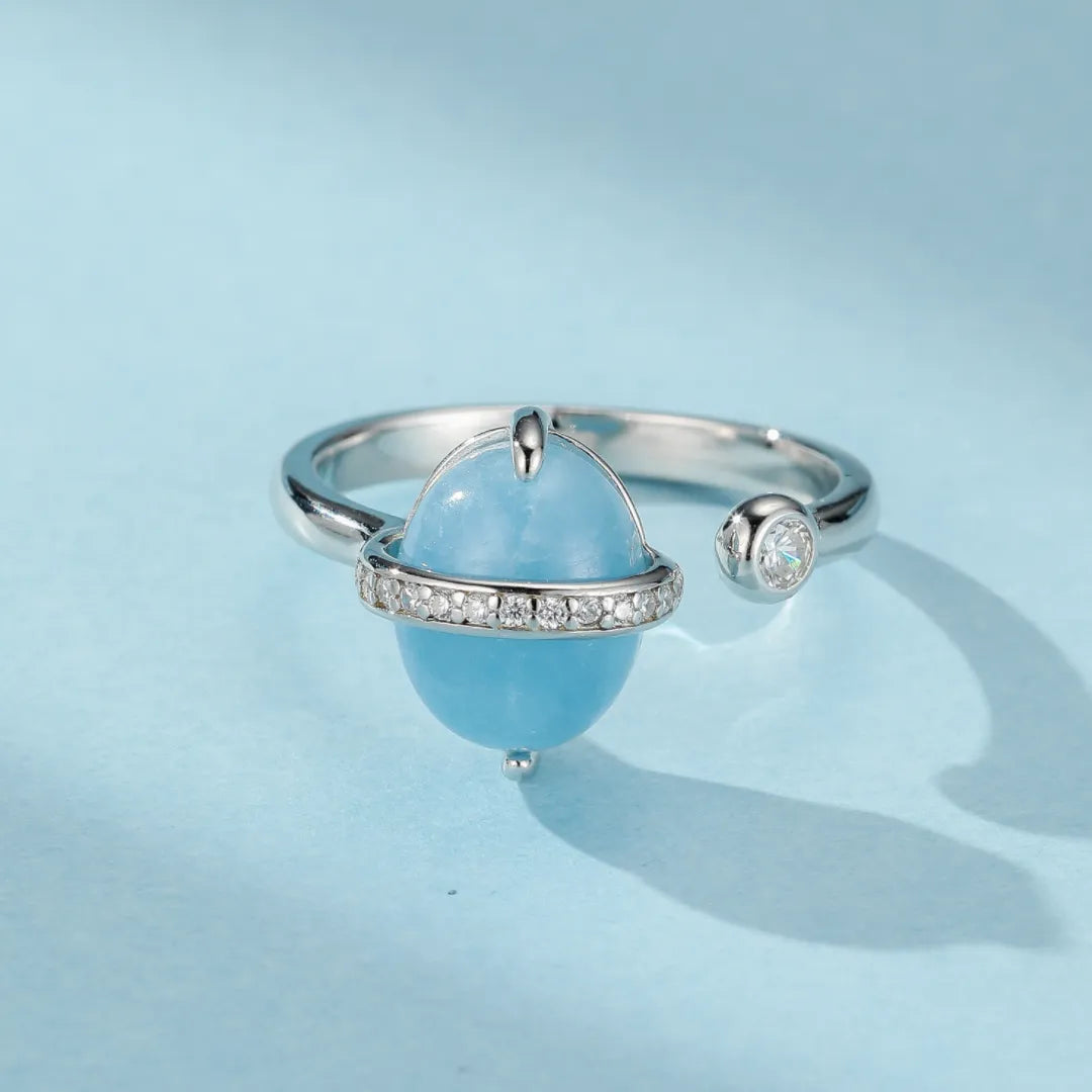 Bague Aigue Marine "Galaxie Bleue" Argent Doré Or 14K