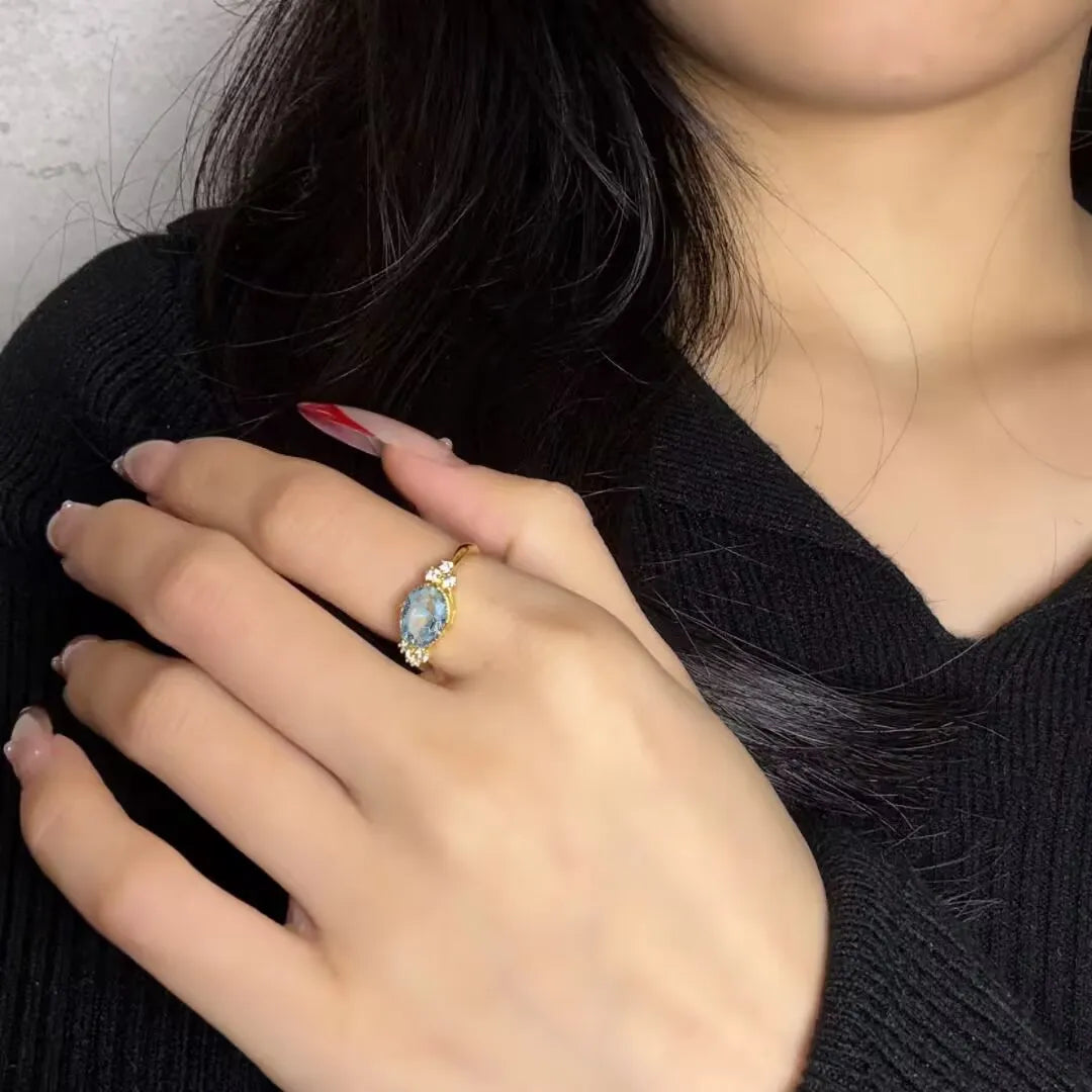 Bague Aigue Marine "Rayons Marins" Argent Doré Or