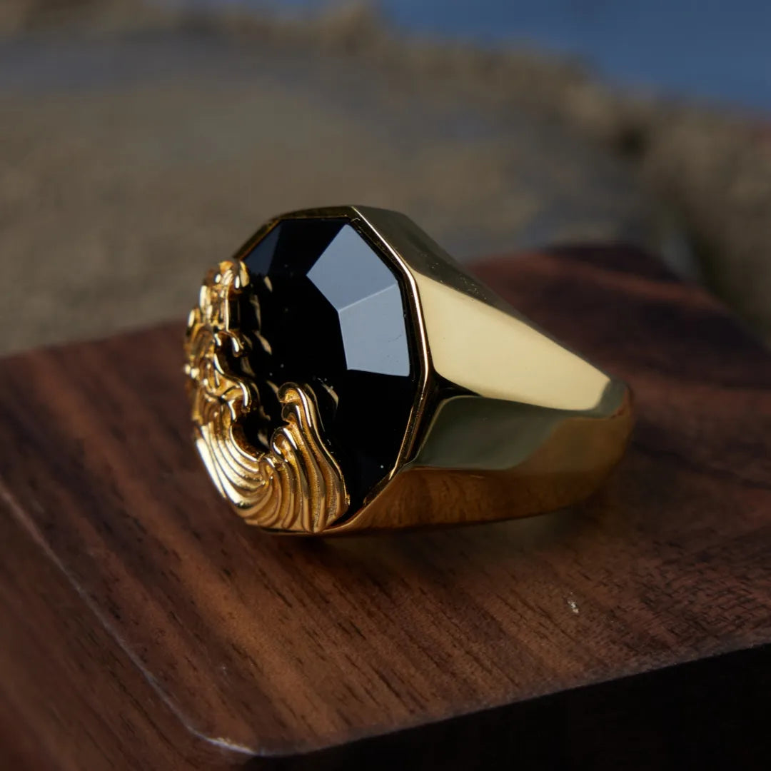 Ring Men Obsidian "Wave of Strength" Gold-Plated Silver