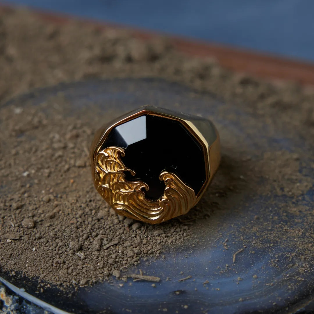 Ring Men Obsidian "Wave of Strength" Gold-Plated Silver