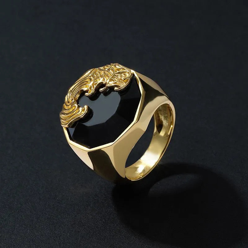 Ring Men Obsidian "Wave of Strength" Gold-Plated Silver