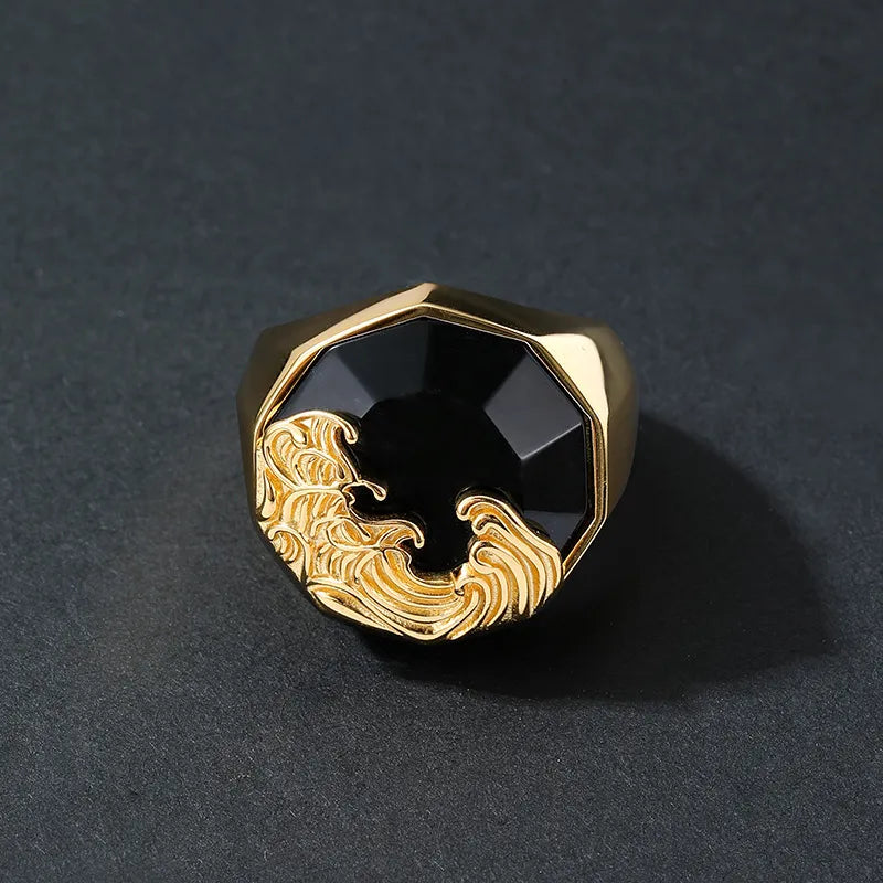 Ring Men Obsidian "Wave of Strength" Gold-Plated Silver