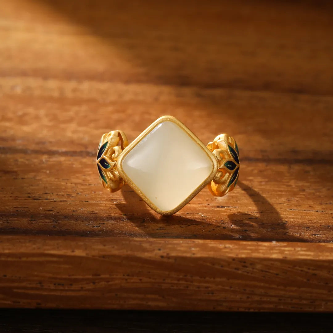 White Jade Ring "Celestial Lotus" Gold-Plated Silver