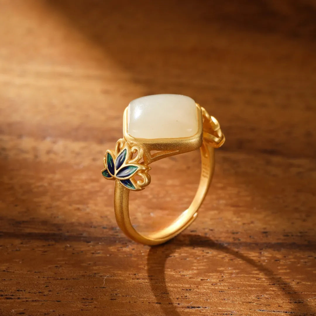 White Jade Ring "Celestial Lotus" Gold-Plated Silver