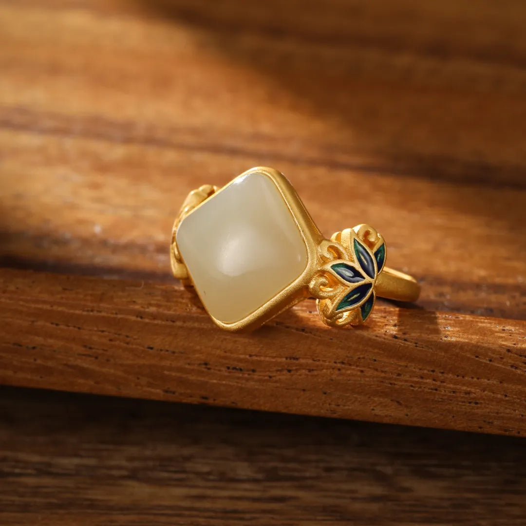 White Jade Ring "Celestial Lotus" Gold-Plated Silver