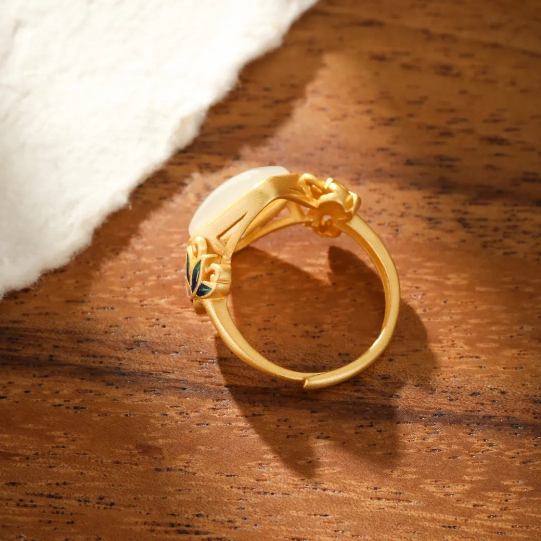 White Jade Ring "Celestial Lotus" Gold-Plated Silver