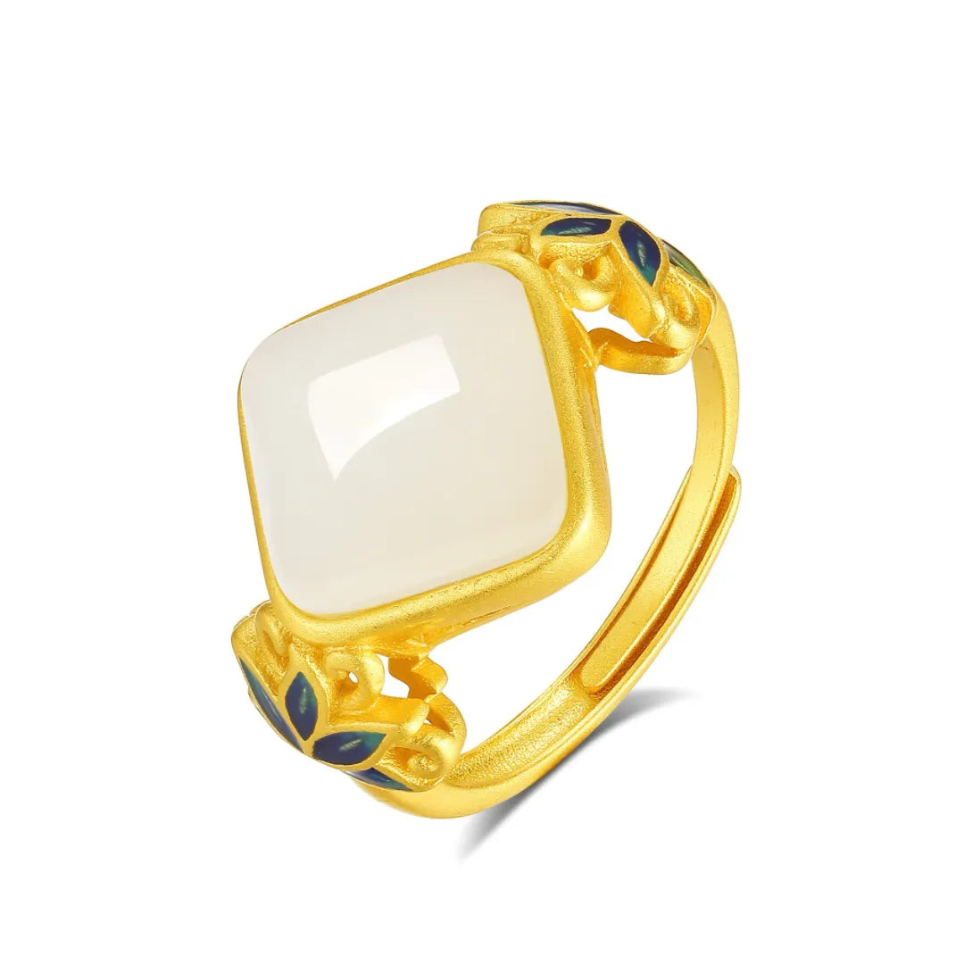 White Jade Ring "Celestial Lotus" Gold-Plated Silver