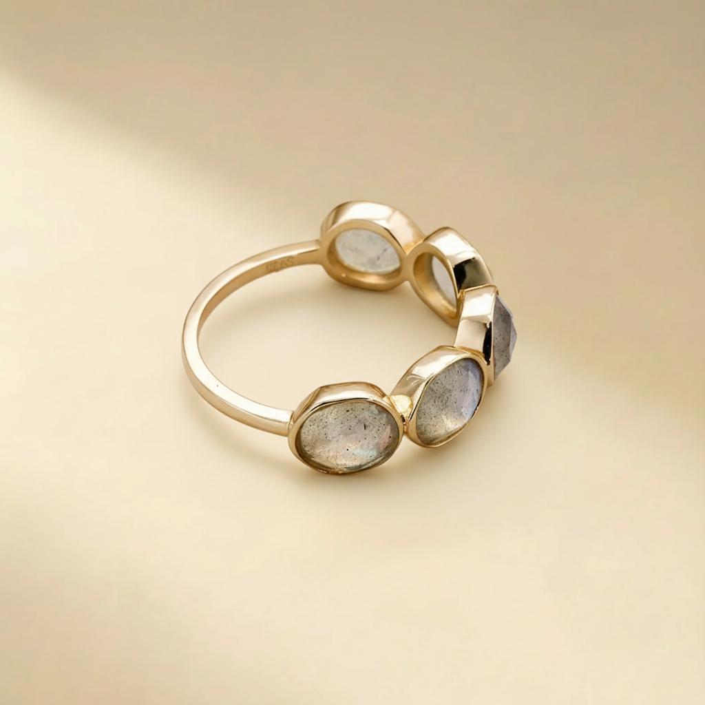 Bague Labradorite Trio – Apaisement Doré, Argent Plaqué Or