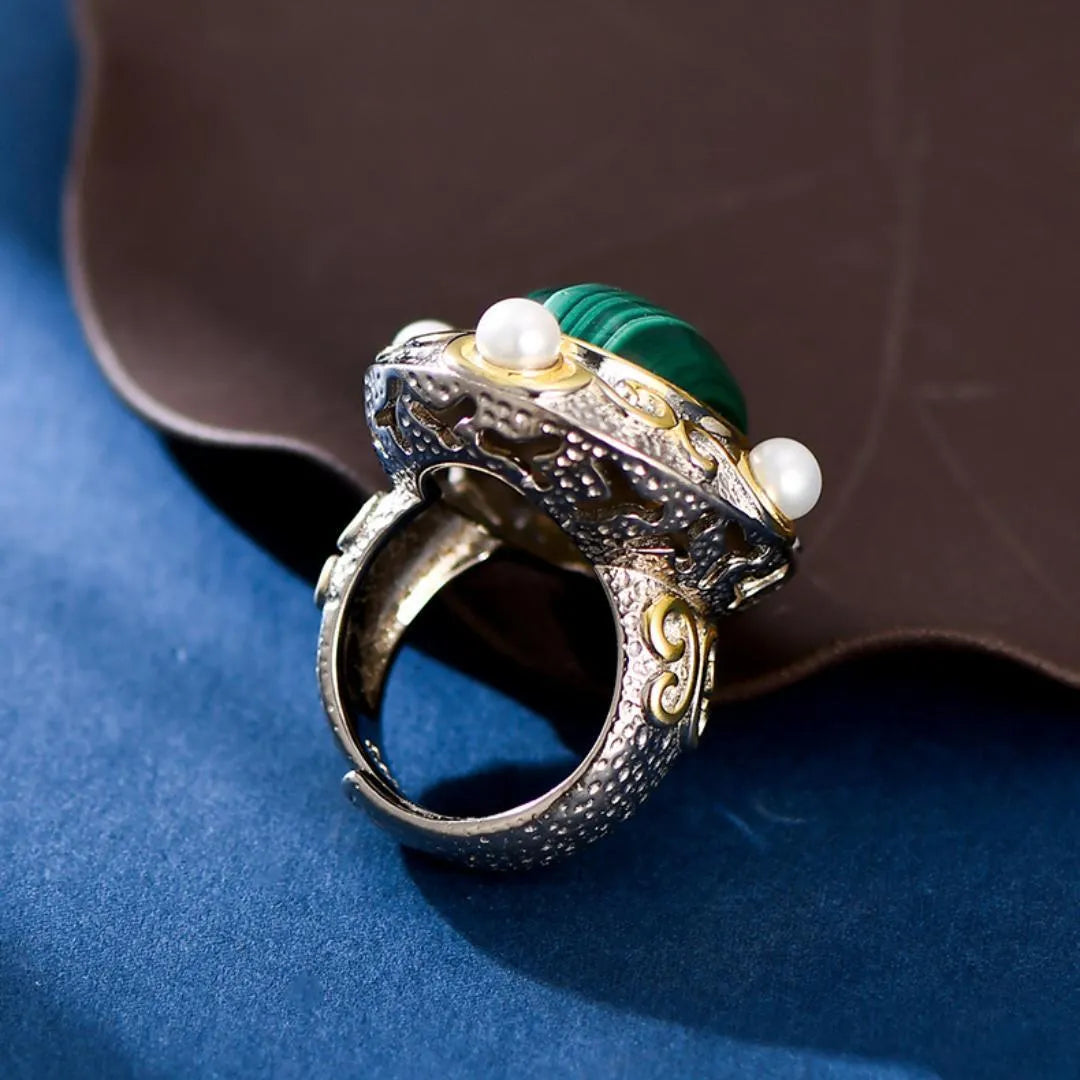 Malachite and Pearl Ring – Venusian Shine, Silver 925