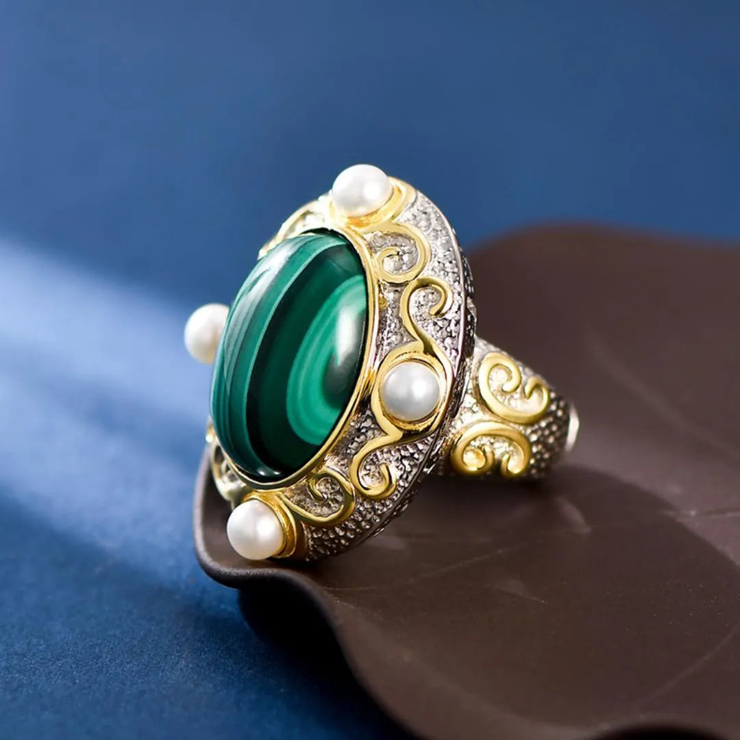 Malachite and Pearl Ring – Venusian Shine, Silver 925