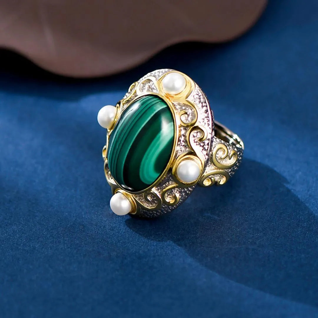 Malachite and Pearl Ring – Venusian Shine, Silver 925