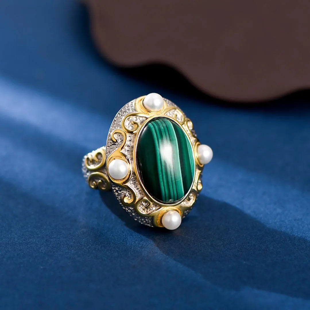 Malachite and Pearl Ring – Venusian Shine, Silver 925