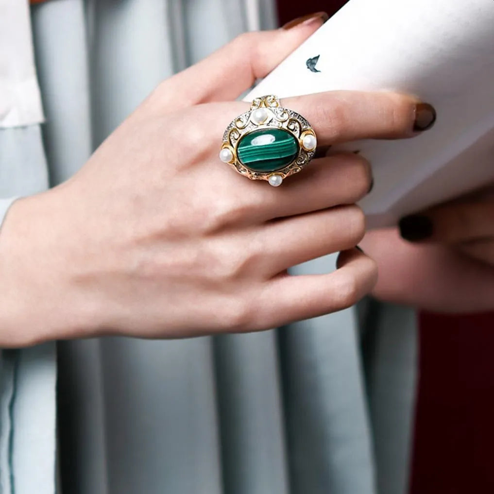 Malachite and Pearl Ring – Venusian Shine, Silver 925