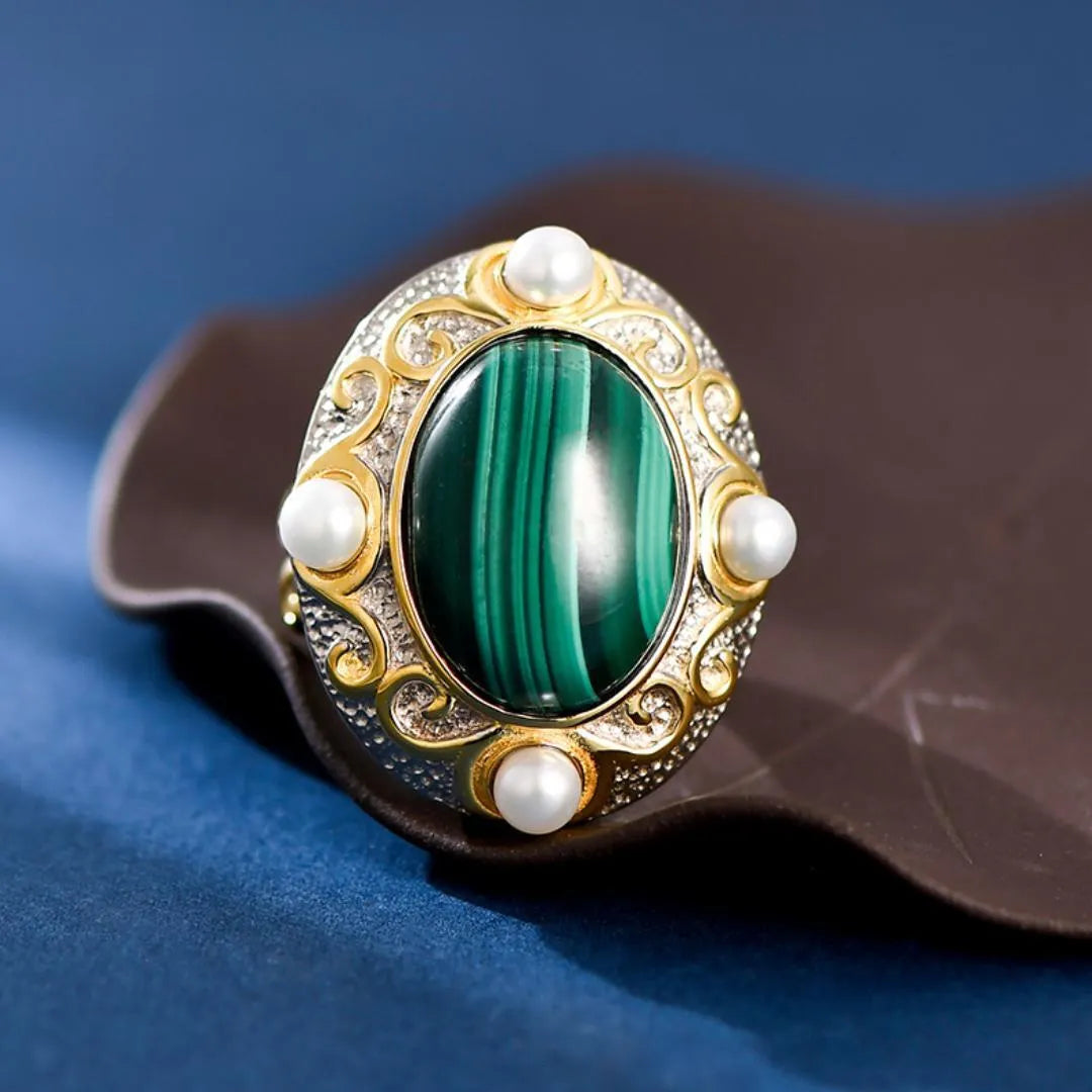 Malachite and Pearl Ring – Venusian Shine, Silver 925