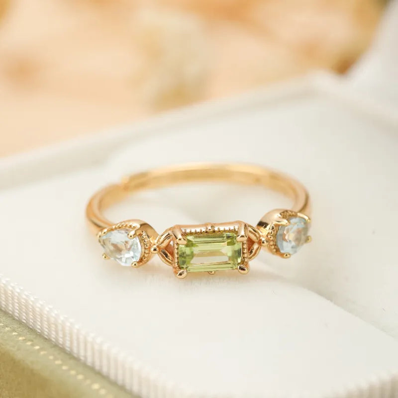Peridot and Topaz Ring "Geometric Refinement" Gold-Plated Silver