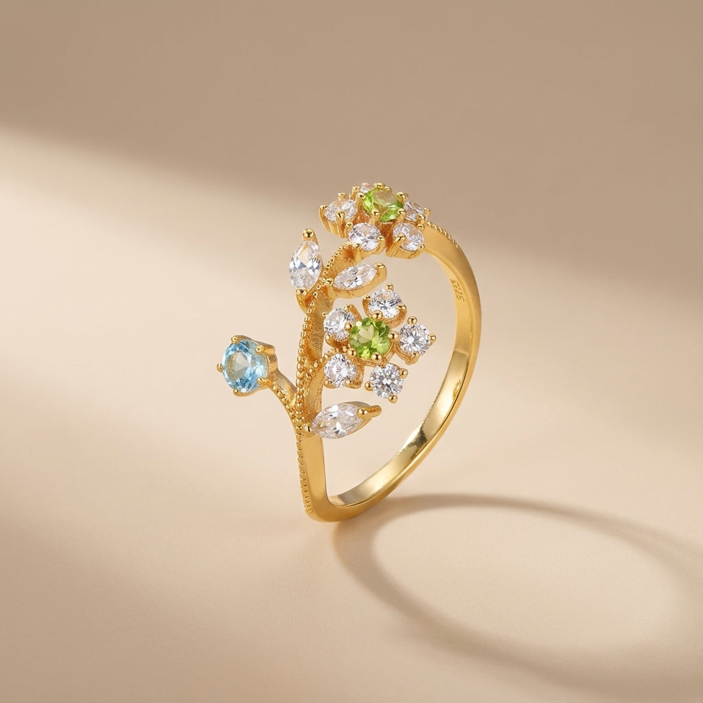 Peridotring "Narzisse Blume" Vergoldet Silber