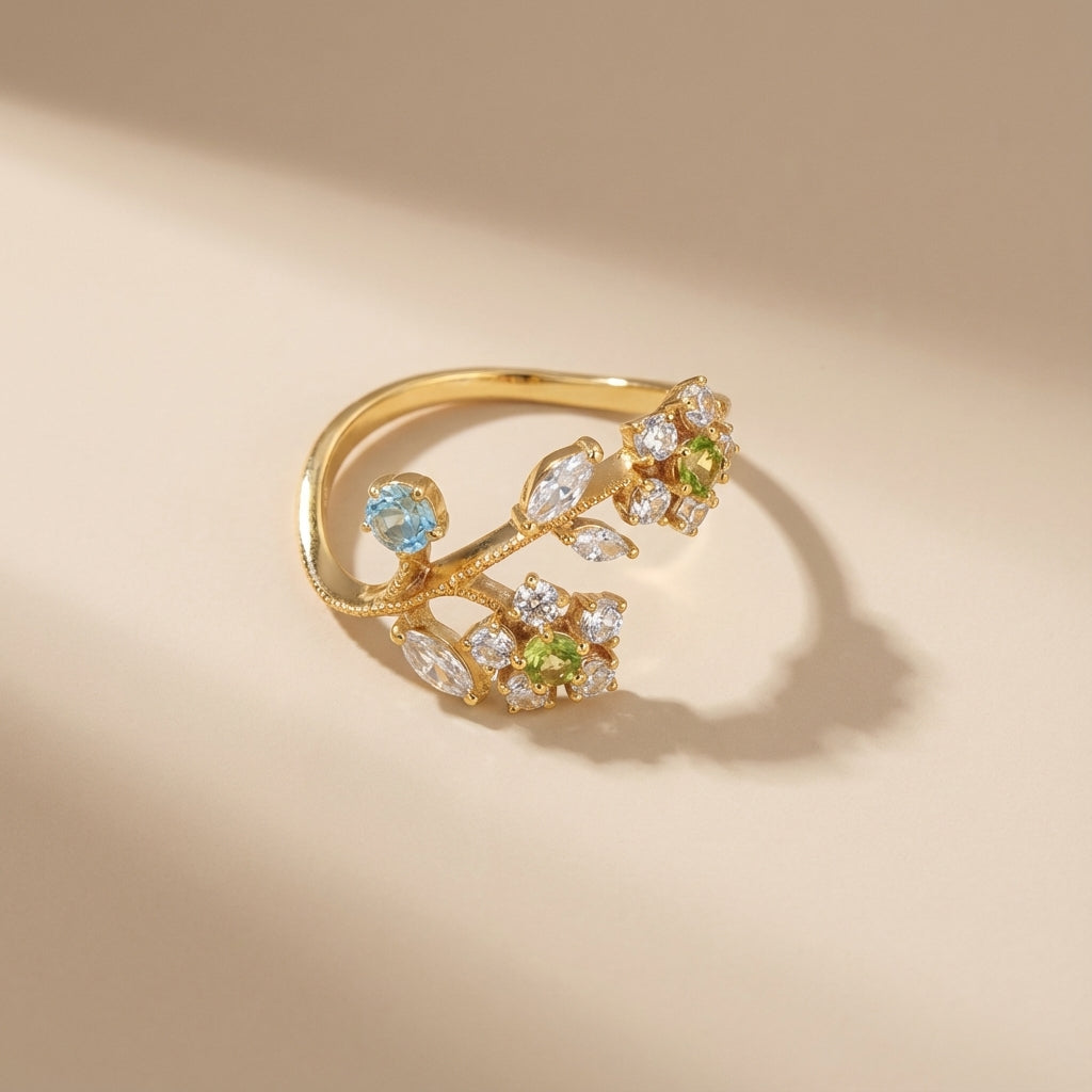 Peridotring "Narzisse Blume" Vergoldet Silber