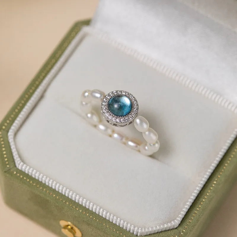 Aquamarine Pearl Ring "Oceanic Elegance" Silver