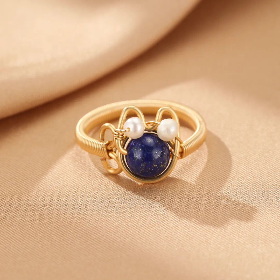 Bague Pierres Naturelles "Chaton Joyeux" Doré Or 14K