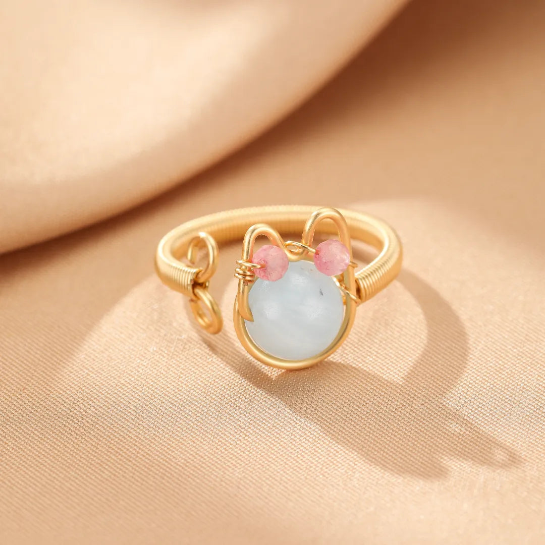 Bague Pierres Naturelles "Chaton Joyeux" Doré Or 14K