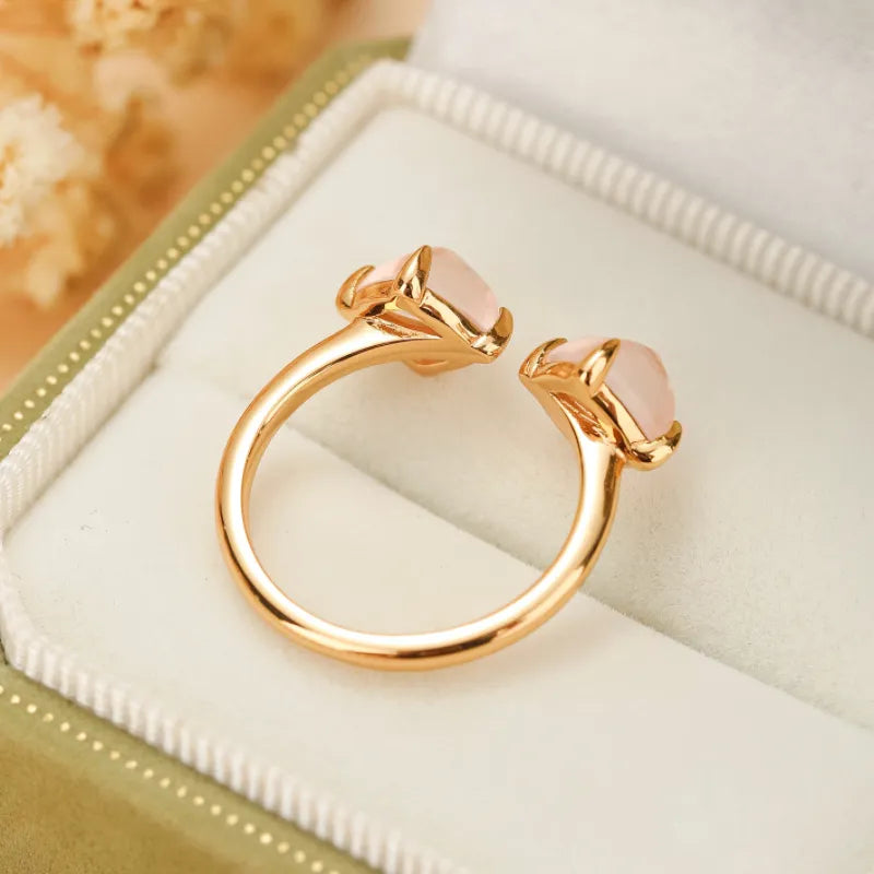 Rose Quartz Ring "Twin Sparkle" Gold-Plated Silver