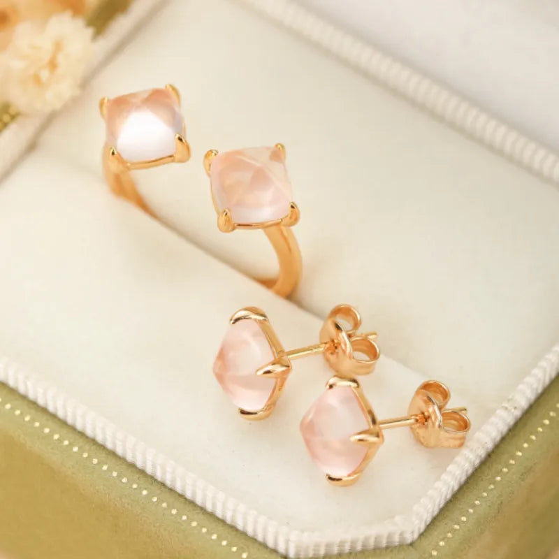Rose Quartz Earrings "Twin Sparkle" Gold-Plated Silver