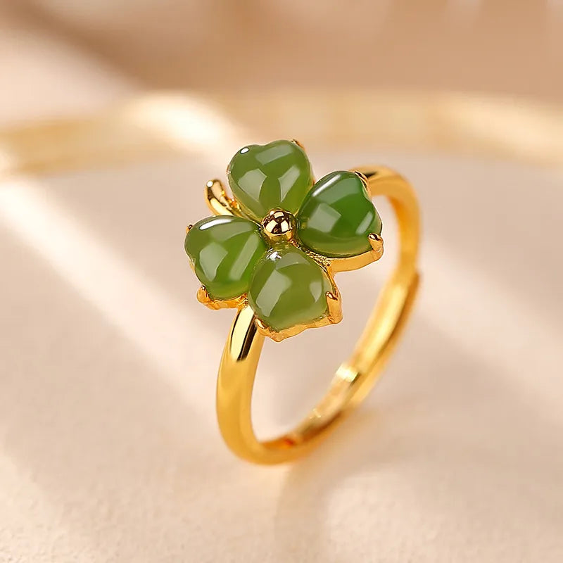 Clover Ring Jade "Gem of Joy" Gold-Plated Silver
