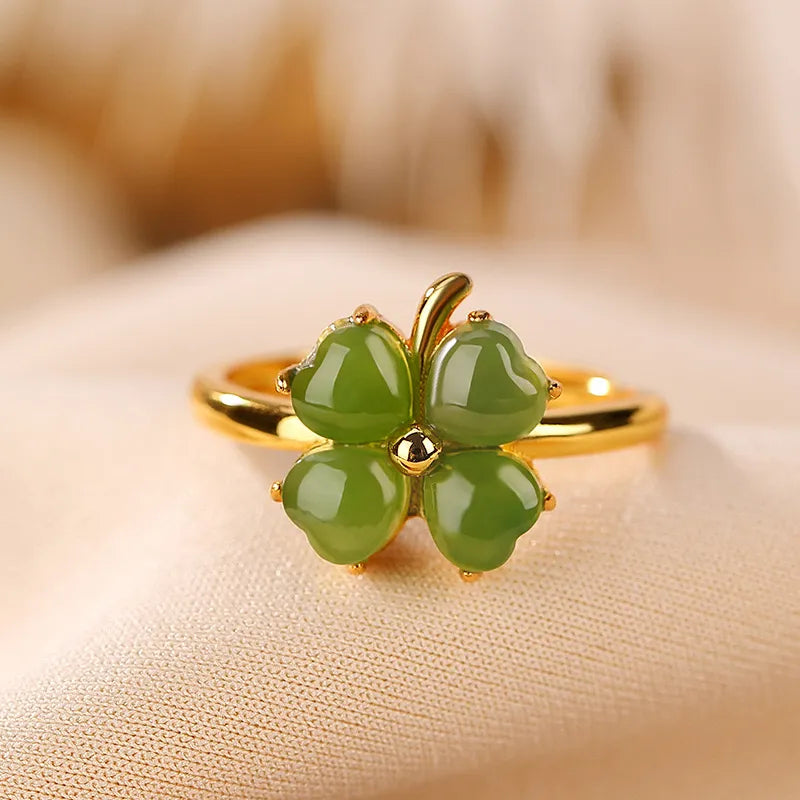Clover Ring Jade "Gem of Joy" Gold-Plated Silver