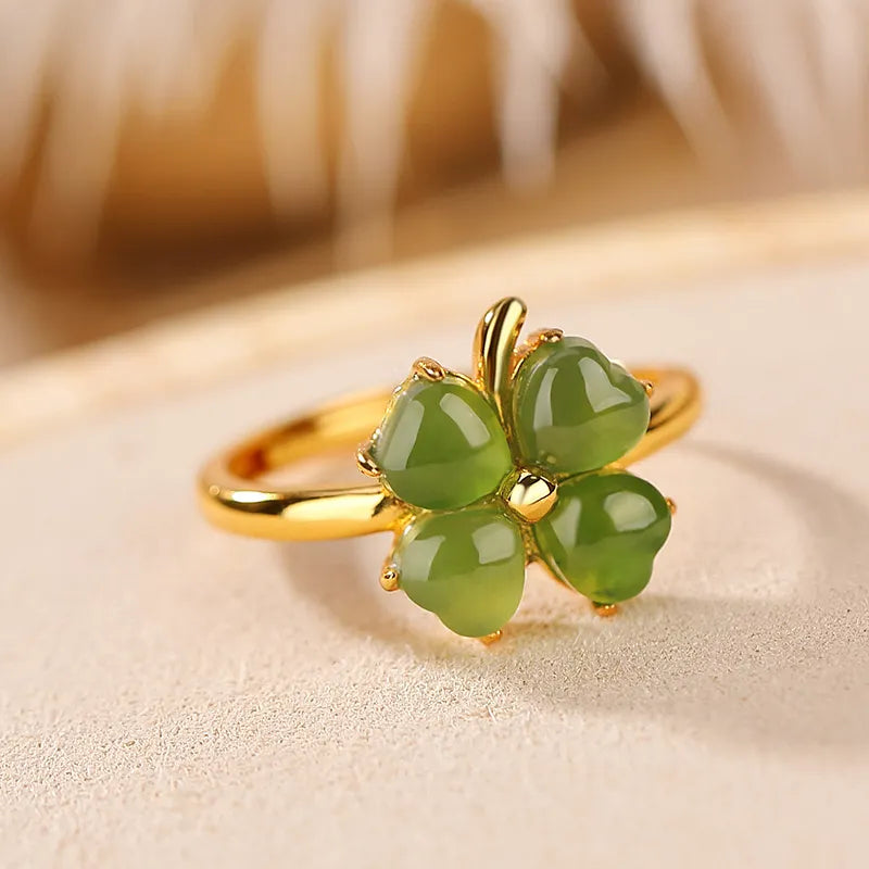Clover Ring Jade "Gem of Joy" Gold-Plated Silver