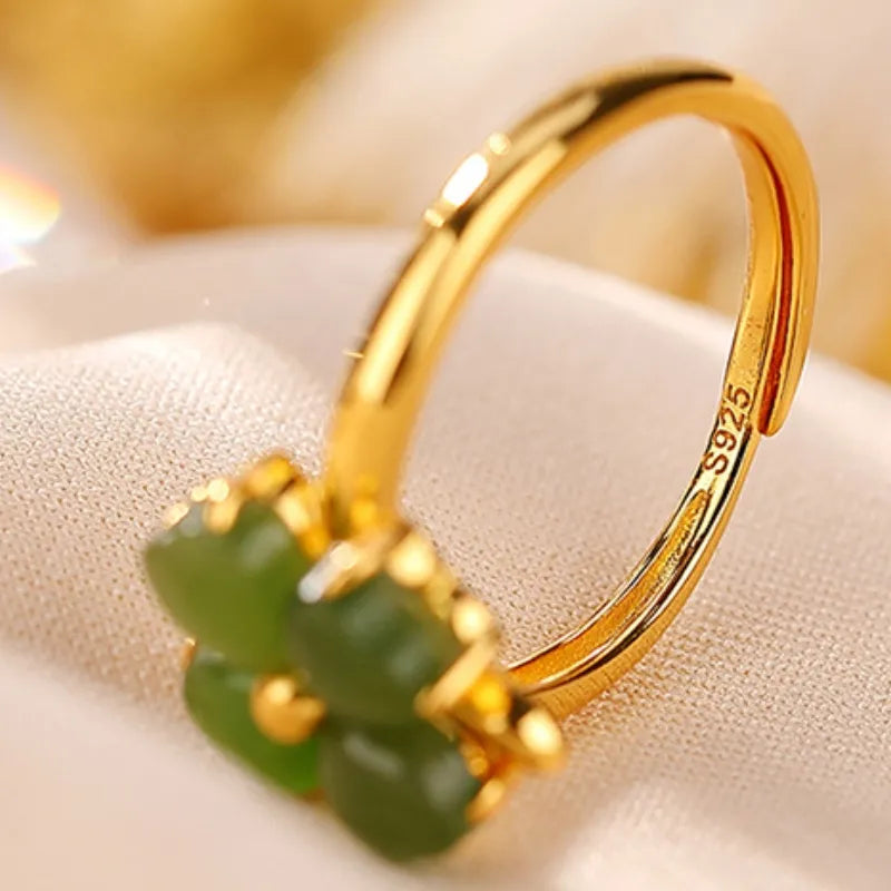 Clover Ring Jade "Gem of Joy" Gold-Plated Silver