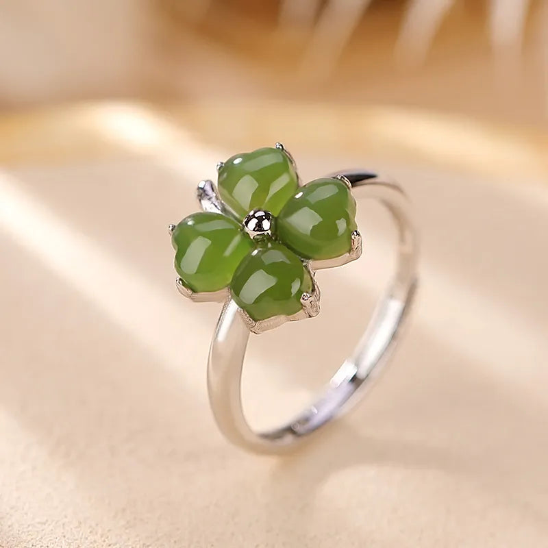 Clover Ring Jade "Gem of Joy" Gold-Plated Silver