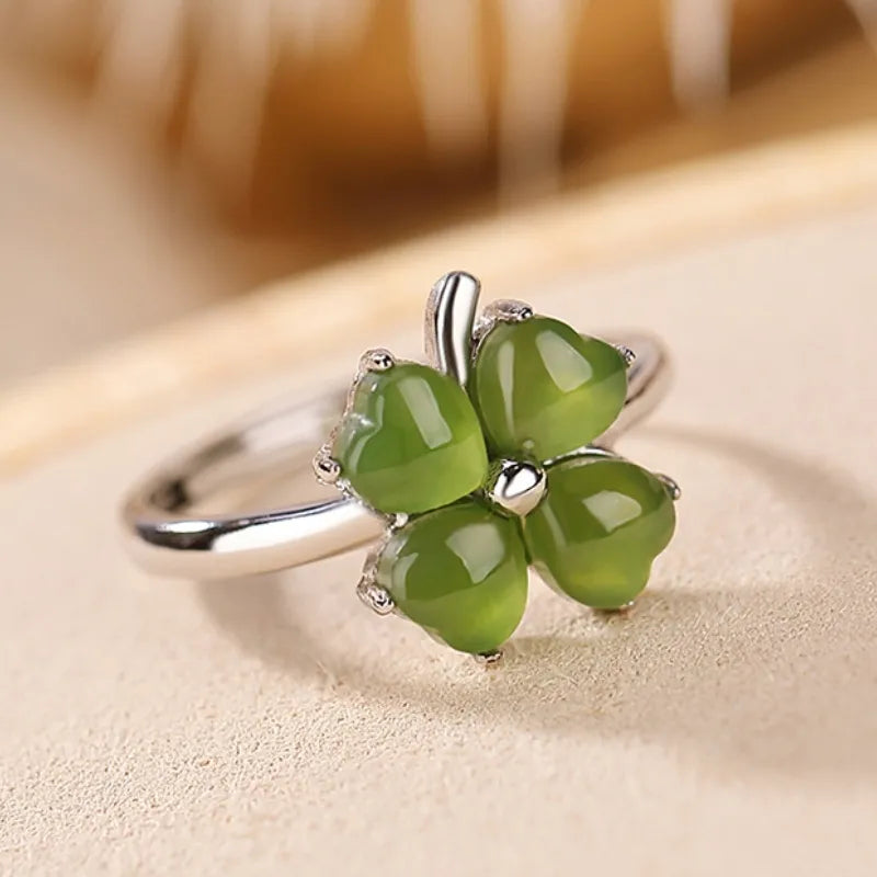 Clover Ring Jade "Gem of Joy" Gold-Plated Silver