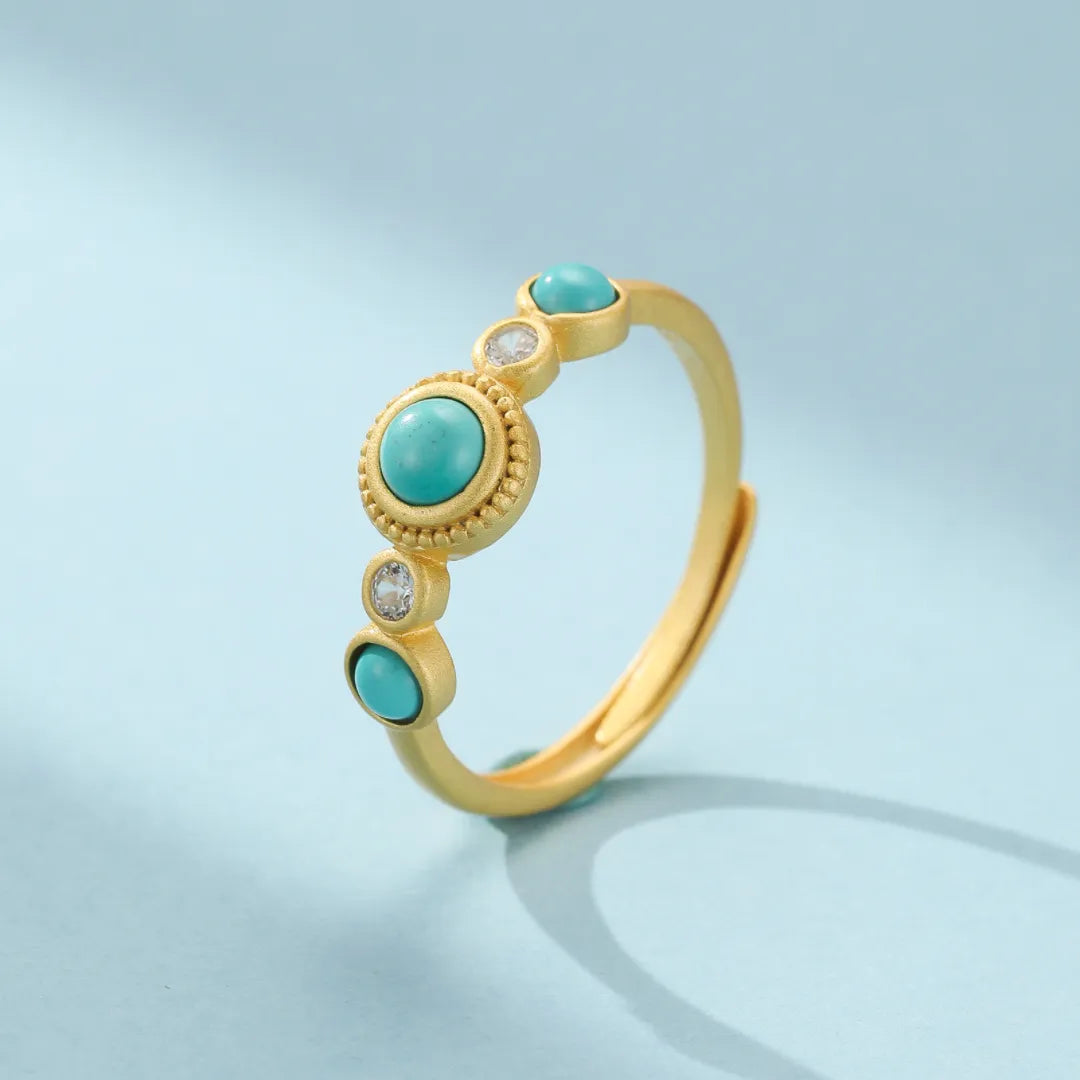 Bague ajustable en argent doré, ornée de turquoises rondes et de zircons cubiques blancs, style bohème.