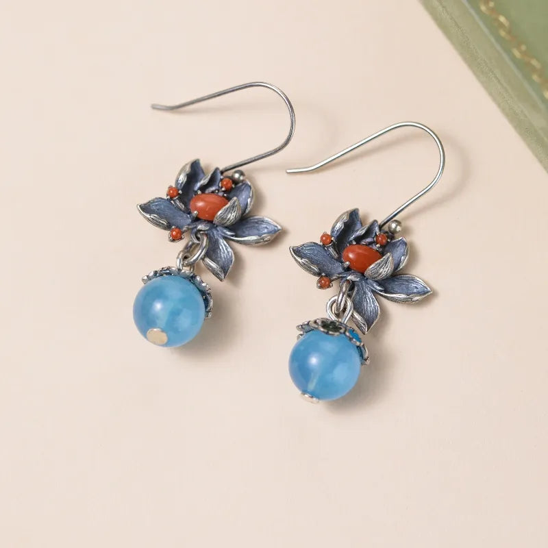 Aquamarine Lotus "Blue Bloom" Silver Earrings