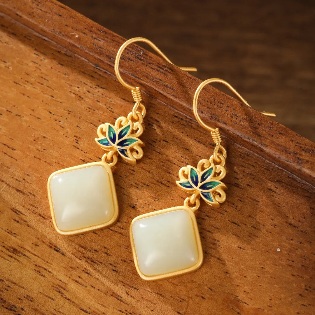 White Jade Earrings "Celestial Lotus" Gold-Plated Silver