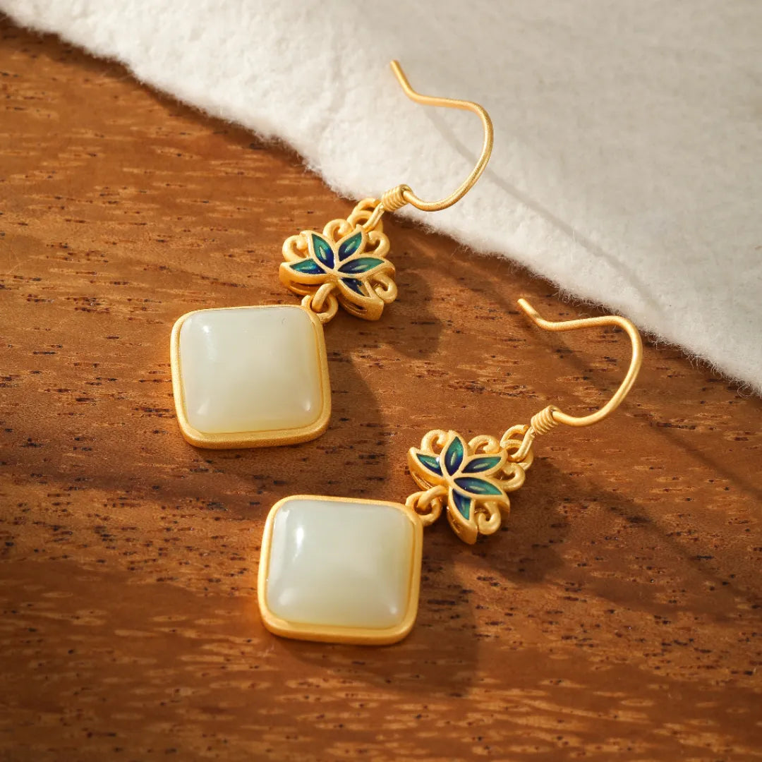 White Jade Earrings "Celestial Lotus" Gold-Plated Silver