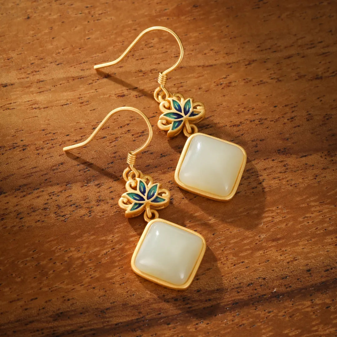 White Jade Earrings "Celestial Lotus" Gold-Plated Silver