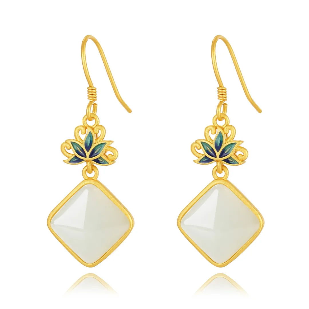White Jade Earrings "Celestial Lotus" Gold-Plated Silver