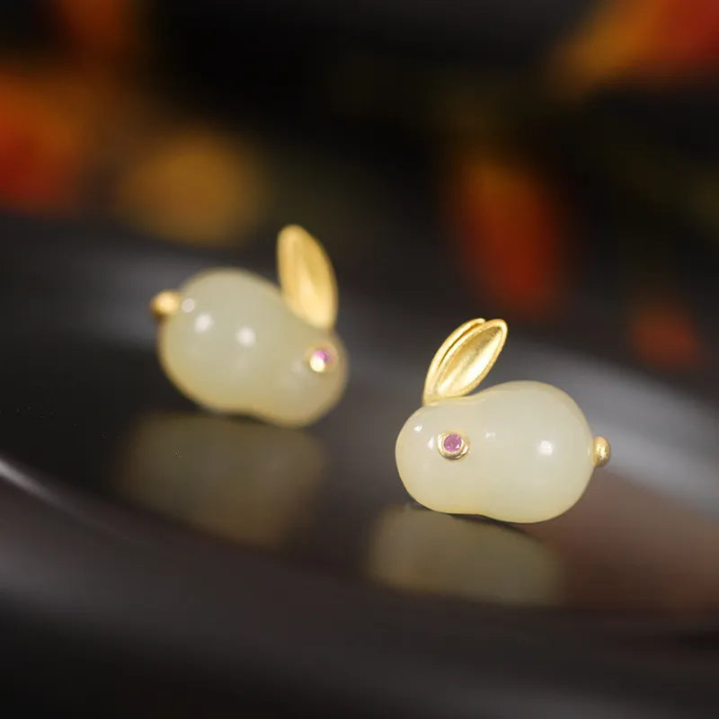 Boucles d'Oreilles Jade "Lapin Doux" Argent Doré Or