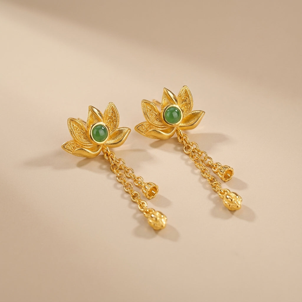 Boucles d'Oreilles Jade Lotus "Lotus d'Or" Argent Doré Or
