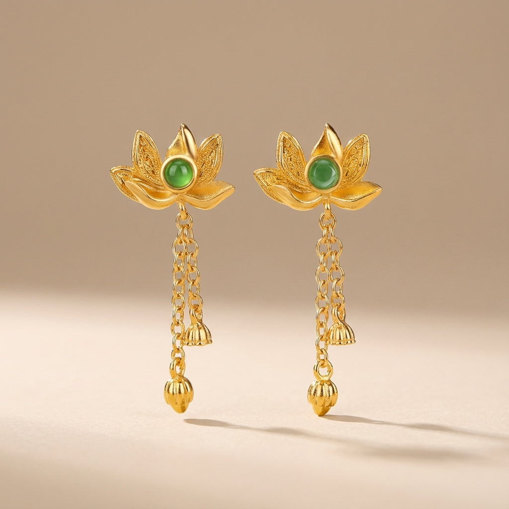 Boucles d'Oreilles Jade Lotus "Lotus d'Or" Argent Doré Or
